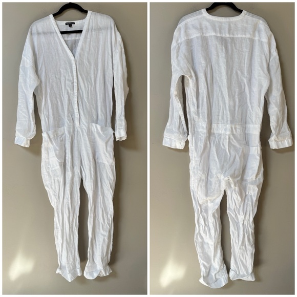 James Perse white v neck button front long sleeve linen jumpsuit sz 3 = Large - Picture 7 of 14